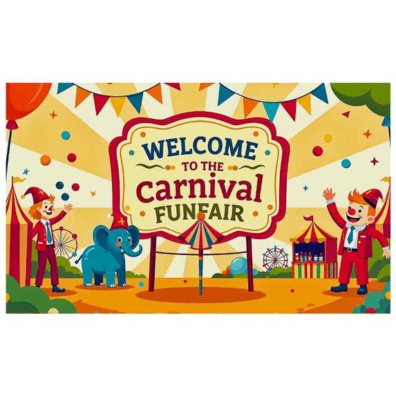 Colorful Carnival Themed Welcome Banner with Clown Elephant Elements Backdrop for Funfair Decorations Party Supplies Photography Props Fair Celebrations Festival Events