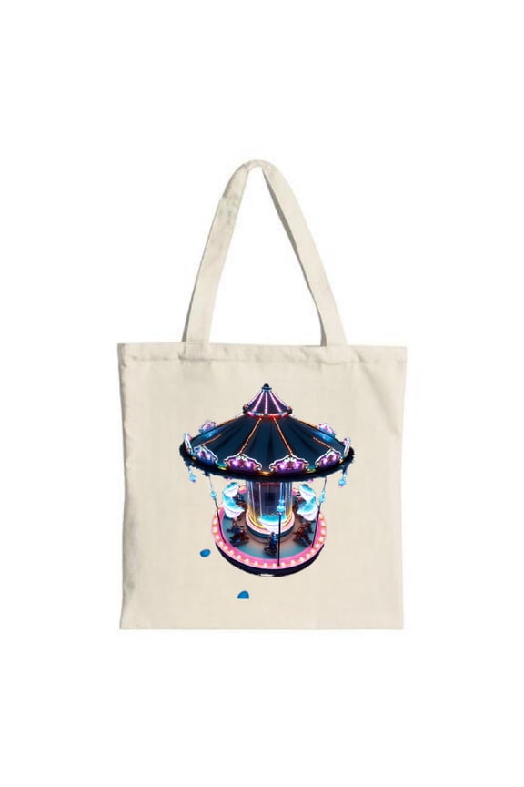 Colorful Carousel Tote Bag - Whimsical Design with Dark Blue Roof Pink Base and Decorative Lights - Perfect for Shopping & Travel
