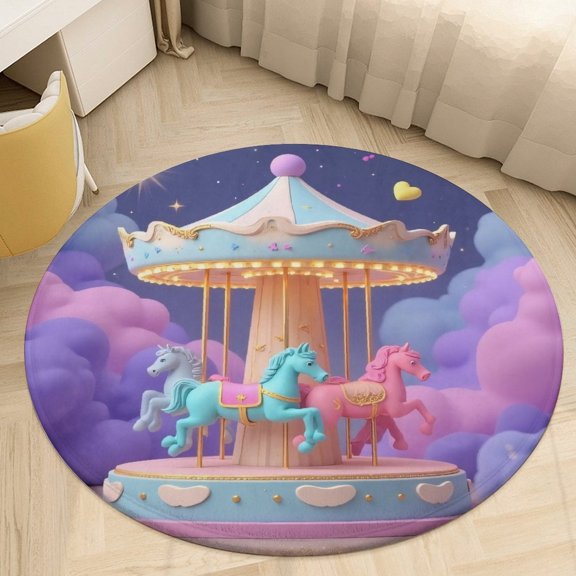 Colorful Carousel with Hearts Round Area Rugs for Bedroom Living Room, 4FT Soft Comfy Indoor Circle Carpets, Floor Mat