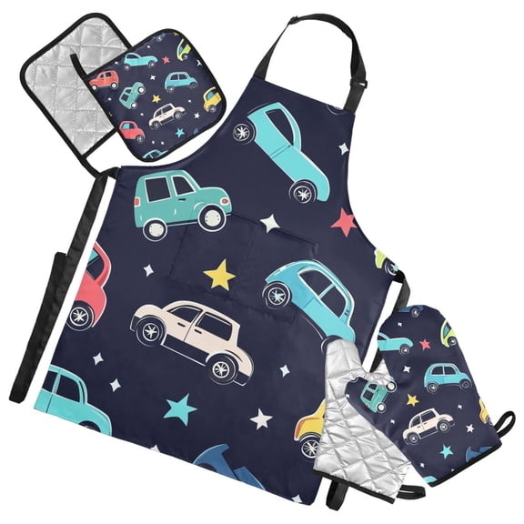 Colorful Cars Stars Cartoon Apron Set with Oven Mitts Pot Holders Set of 5 Kitchen Stuff Accessories