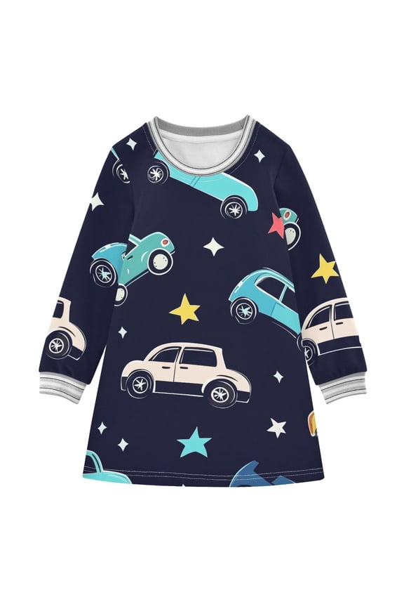 Colorful Cars Stars Cartoon Long-sleeved Dress A-line One-Piece Dress for 2-8 Years Casual Party 2T