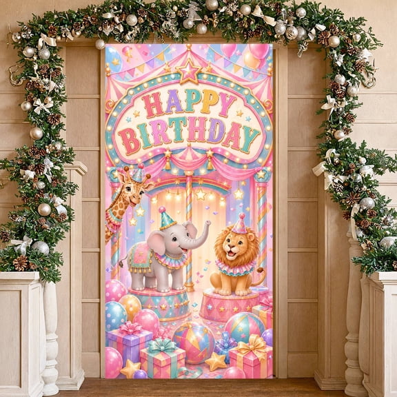 Colorful Cartoon Animal Happy Birthday Banner Pink Circus Style Birthday Backdrop Star Decorated Gift  Party Photo Background for Kids Birthday Party Circus Themed Party Indoor Celebration