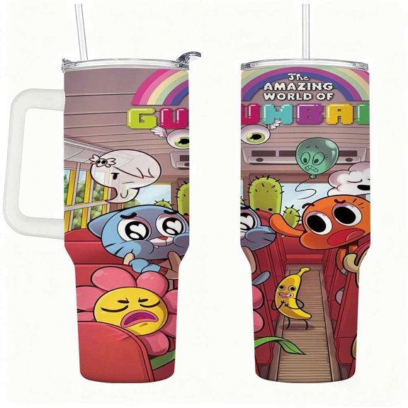 Colorful Cartoon Animal Scene Tumbler with Handle & Straw, Fun Graphic Design