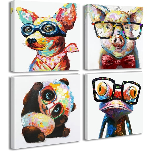Colorful Cartoon Animal Wall Art Canvas Print Funny Cute Panda Frog Pig Pictures for Kids Bedroom Nursery Decor Artwork Framed 12''''X12''''X4