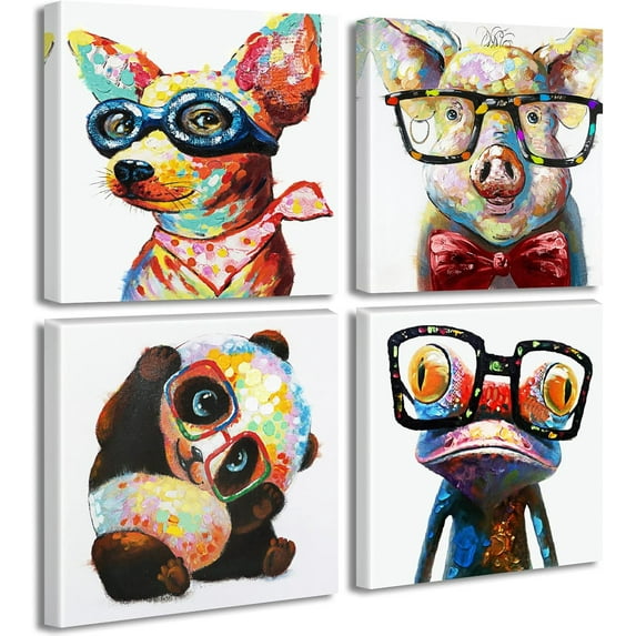 Colorful Cartoon Animal Wall Art Canvas Print Funny Cute Panda Frog Pig Pictures for Kids Bedroom Nursery Decor Artwork Framed 12''''X12''''X4