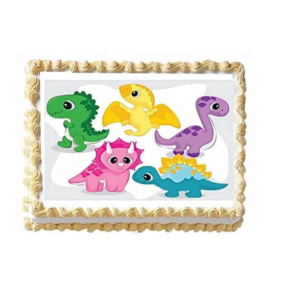Colorful, Cartoon Baby Dinosaurs Edible Image Icing Cake Topper for Quarter Sheet Cake, by TNCT