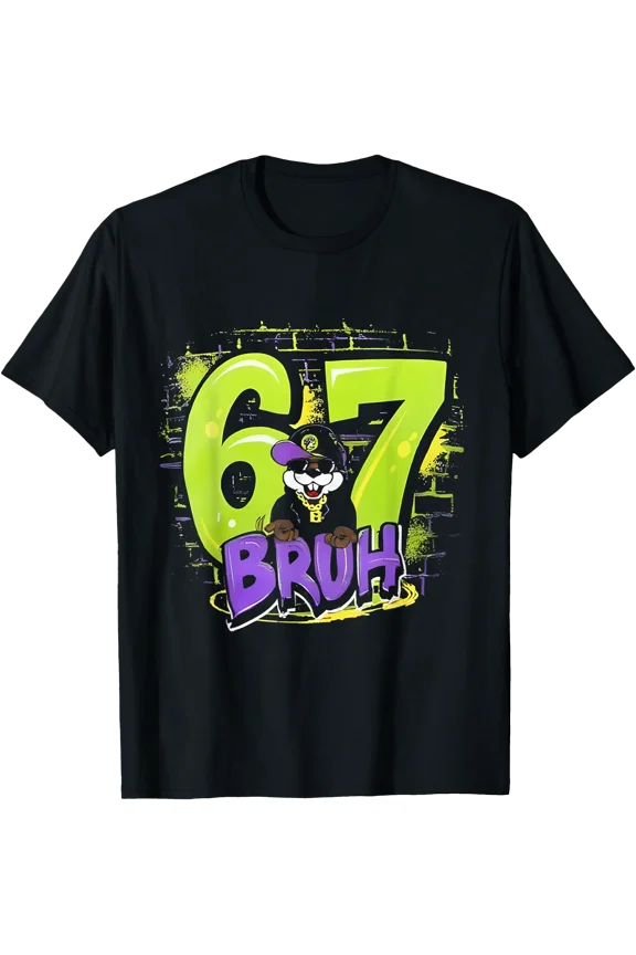 Colorful Cartoon Beaver 6-7 Bruh Graphic T-Shirt for Vintage Style Enthusiasts