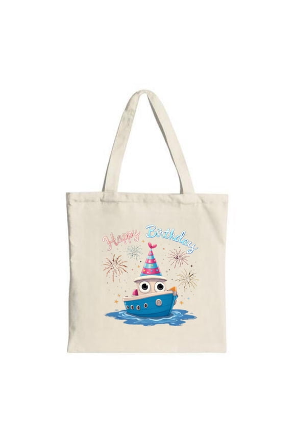 Colorful Cartoon Boat Tote Bag with Party Hat & Fireworks - Fun Multifunctional Canvas Bag for Birthdays Parties Travel & Shopping