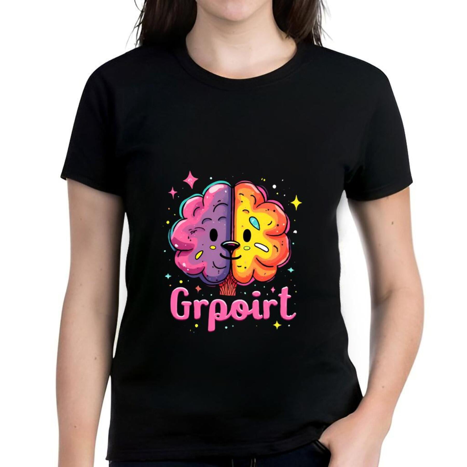 Colorful Cartoon Brain Graphic Cotton Short Sleeve T-Shirt for Women
