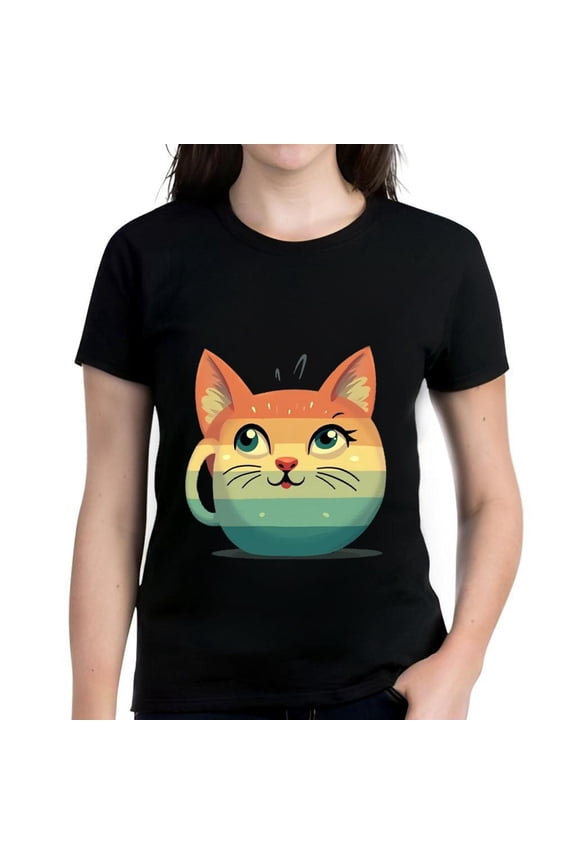 Colorful Cartoon Cat Design Cotton Short Sleeve T-Shirt - Rainbow Gradient Pattern with Expressive Eyes and Smiling Mouth
