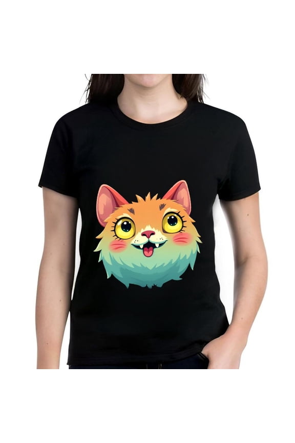 Colorful Cartoon Cat Face Cotton Short Sleeve T-Shirt for Fun and Playful Style - Expressive Eyes & Tongue Out Design