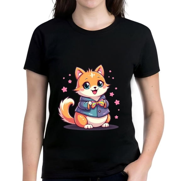 Colorful Cartoon Cat T-Shirt with Bow Tie & Purple Jacket - Whimsical Design with Pink Stars - Cotton Short Sleeve Tee