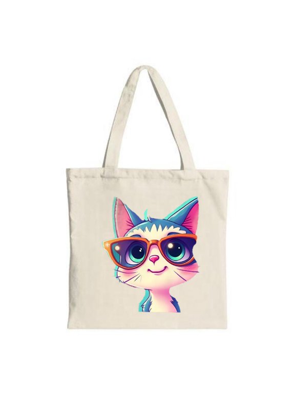 Colorful Cartoon Cat Tote Bag - Stylish Glasses Cheerful Expression Pastel Pink Blue & Purple Design - Perfect for Shopping & Travel
