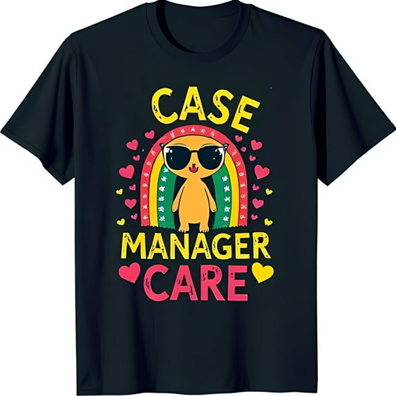 Colorful Cartoon Cat in Sunglasses T-Shirt 'Case Manager Care' Design on Black Tee