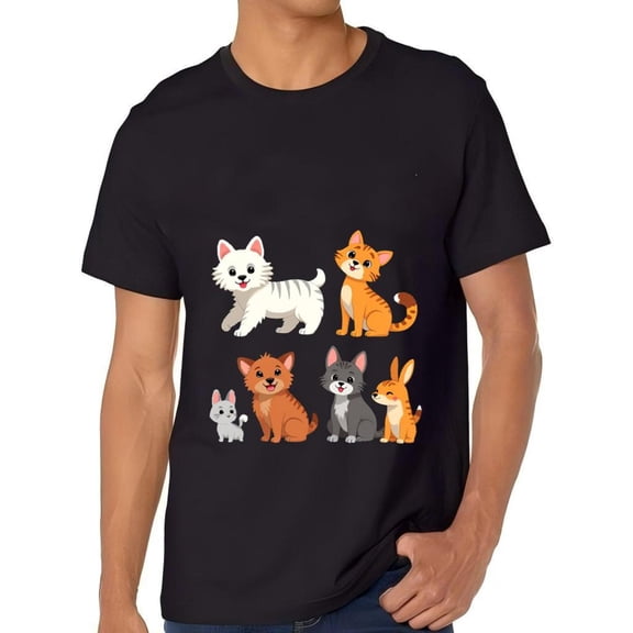Colorful Cartoon Cats Graphic Cotton Short Sleeve T-Shirt for Men - Fun and Friendly Cat Design Tee