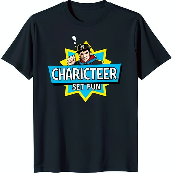 Colorful Cartoon Character Black T-Shirt with Fun Graphic & Text