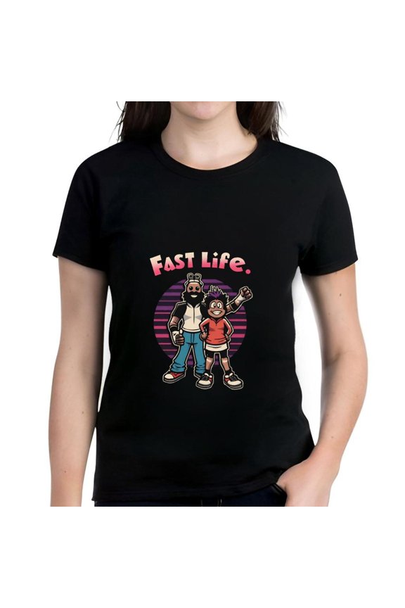 Colorful Cartoon Character Cotton Short Sleeve T-Shirt - Muscular Man & Cheerful Girl Design with 'FAST LIFE' Text on Purple & Pink Stripes