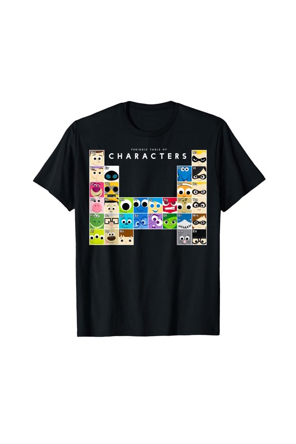 Colorful Cartoon Character Faces Periodic Table T-Shirt for Fun and Unique Style