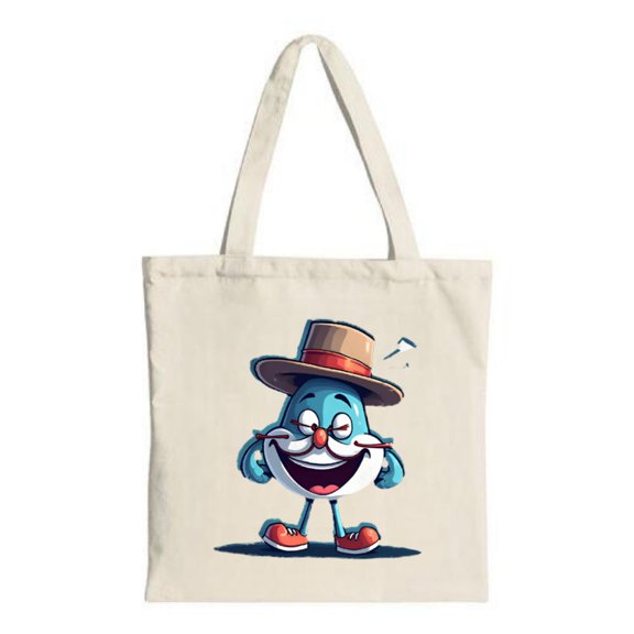 Colorful Cartoon Character Tote Bag - Blue Body Brown Top Hat Red Shoes White - Perfect for Shopping Travel & Parties