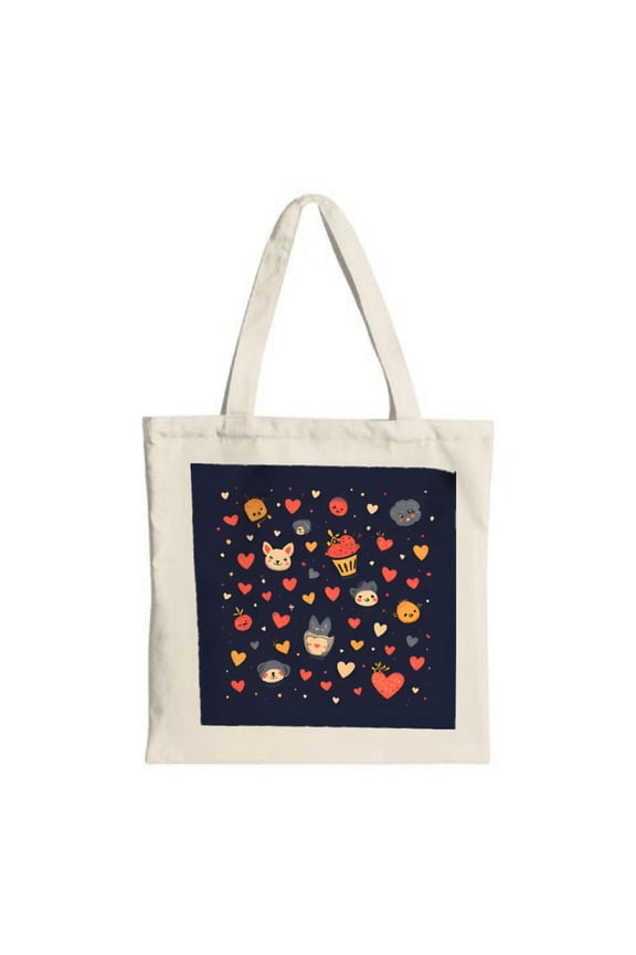 Colorful Cartoon Character Tote Bag - Navy Blue Canvas Featuring Cat Cupcake Smiling Faces & Hearts Perfect for Shopping & Travel