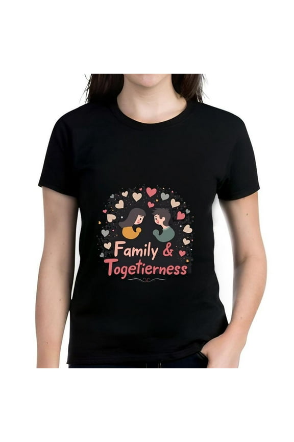 Colorful Cartoon Characters T-Shirt for Women - Family & Togetherness Design with Hearts - Short Sleeve Cotton Tee