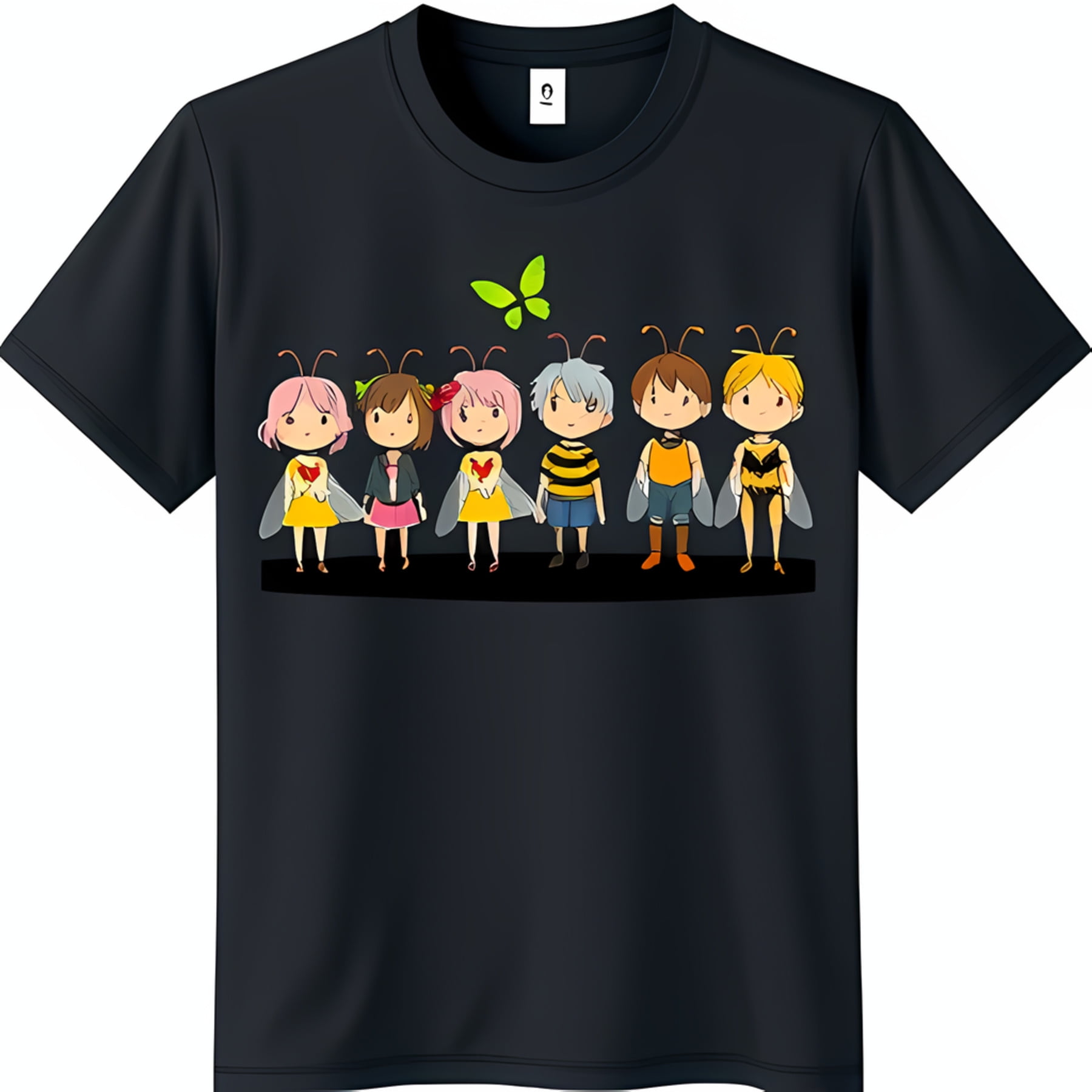 Colorful Cartoon Characters with Wings and Butterfly Graphic on Black T