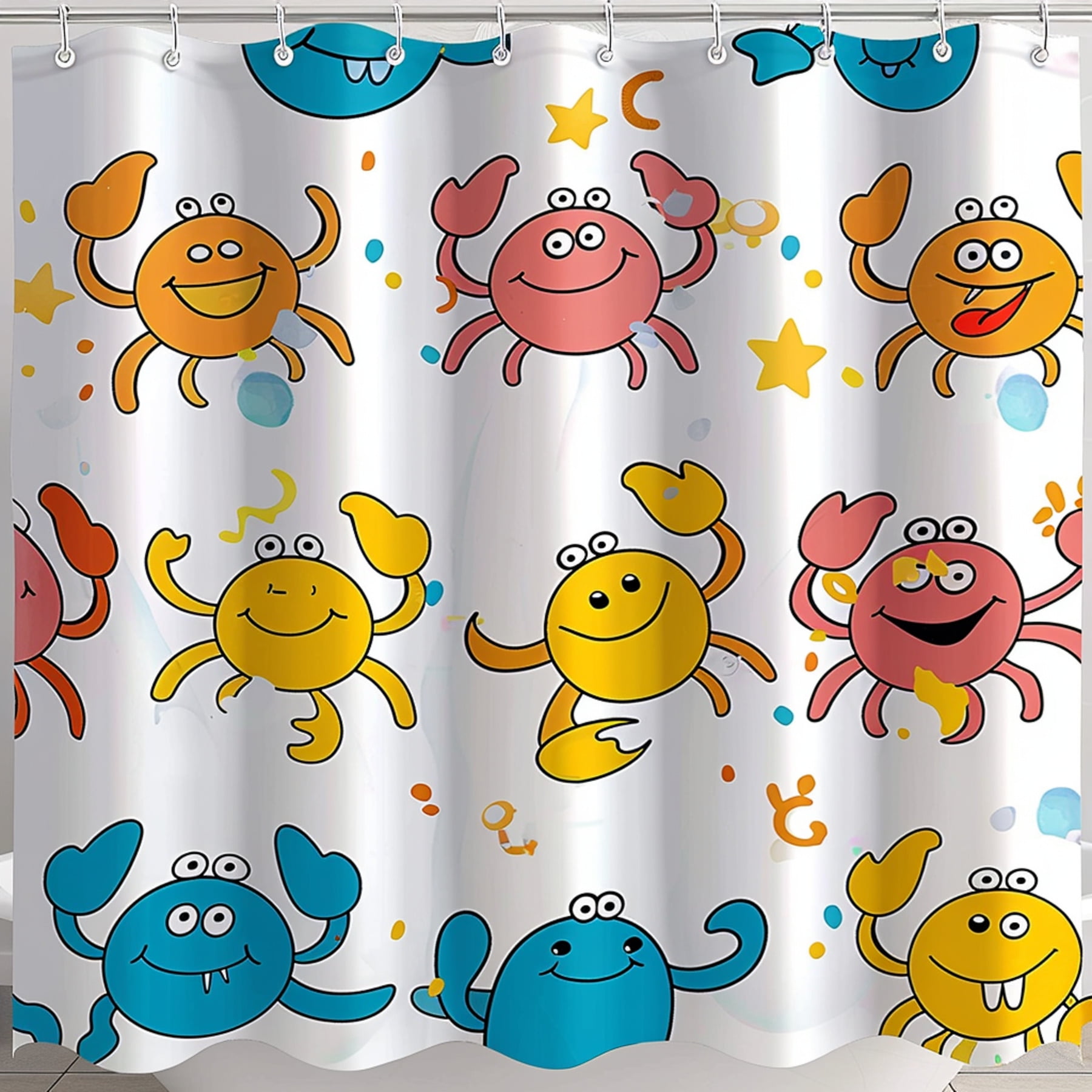 Colorful Cartoon Crabs and Fish Kids Bathroom Shower Curtain Playful