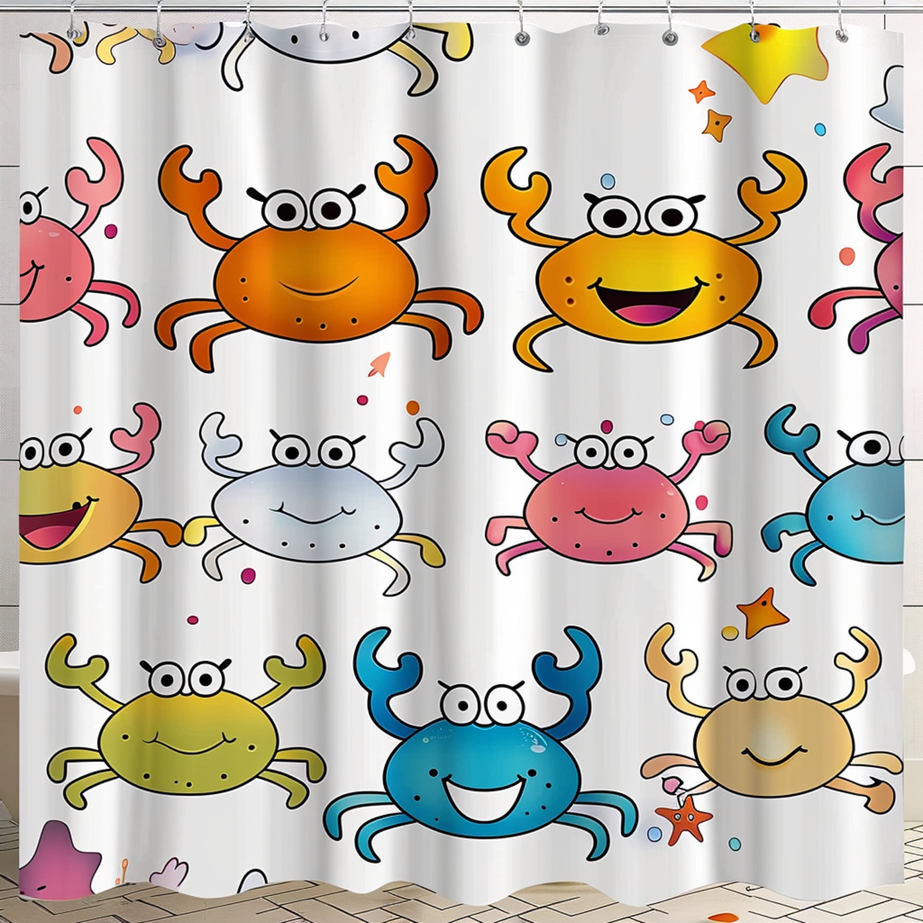 Colorful Cartoon Crabs and Fish Shower Curtain for Children's Bathroom