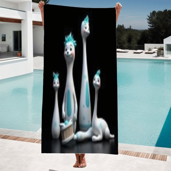 Colorful Cartoon Creatures Beach Towel - Fun Long - Necked Characters with Turquoise Hair Perfect for Pool Bath and Travel