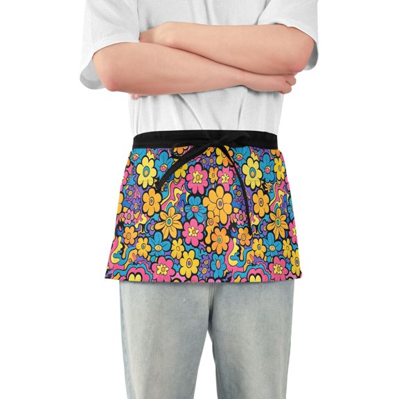 Colorful Cartoon Daisy Flowers Server Apron with 3 Pockets Waterproof Waitress Waist Short Apron for Man Woman 12 Inches