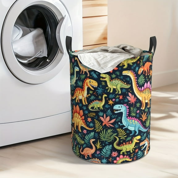 Colorful Cartoon Dinosaur Laundry Basket - Large Round Thick Oxford Fabric Storage Basket, Reinforced Handle, Suitable for Bedroom, Bathroom, and Laundry Room Organization