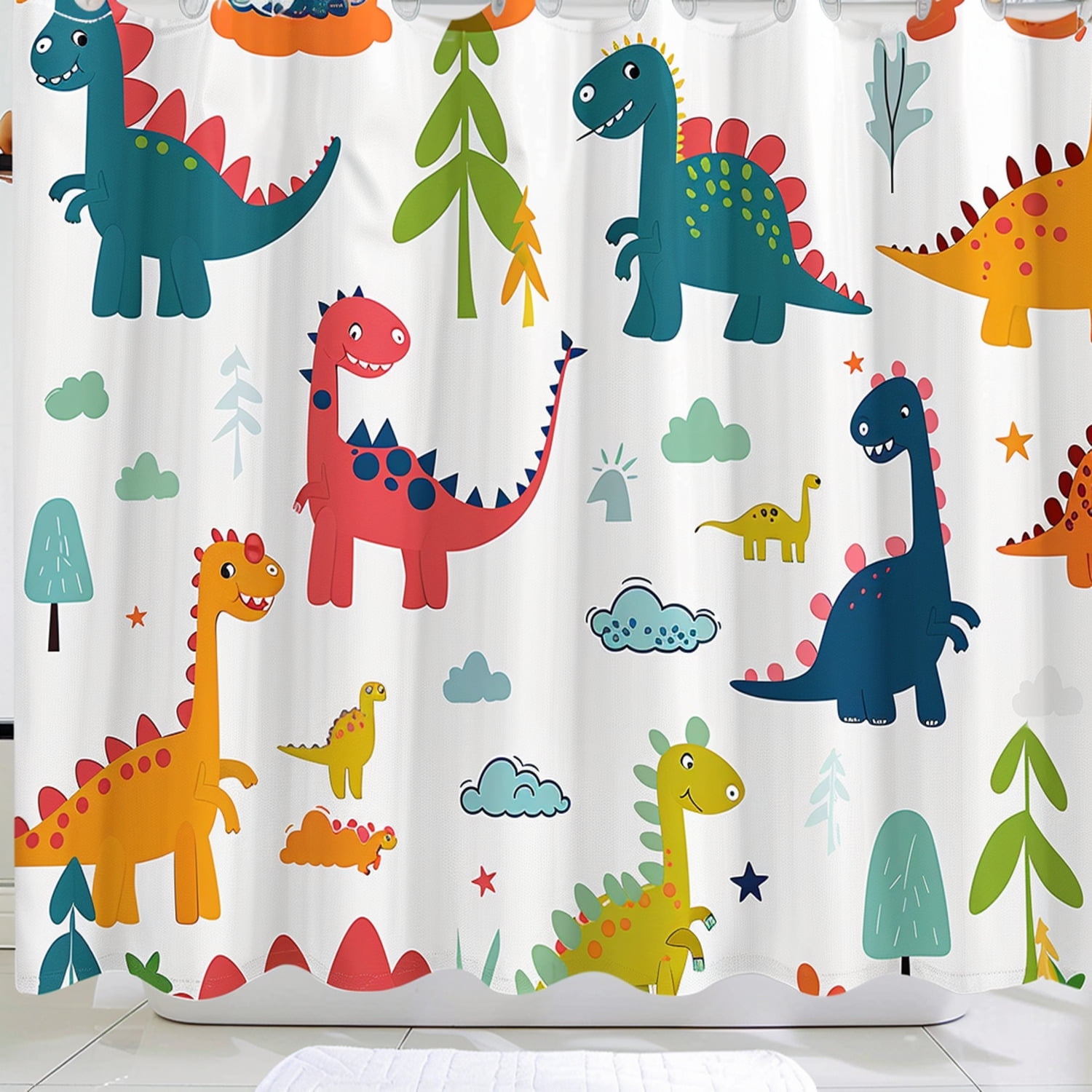 Colorful Cartoon Dinosaur Pattern Bathroom Curtain Set with Trees and