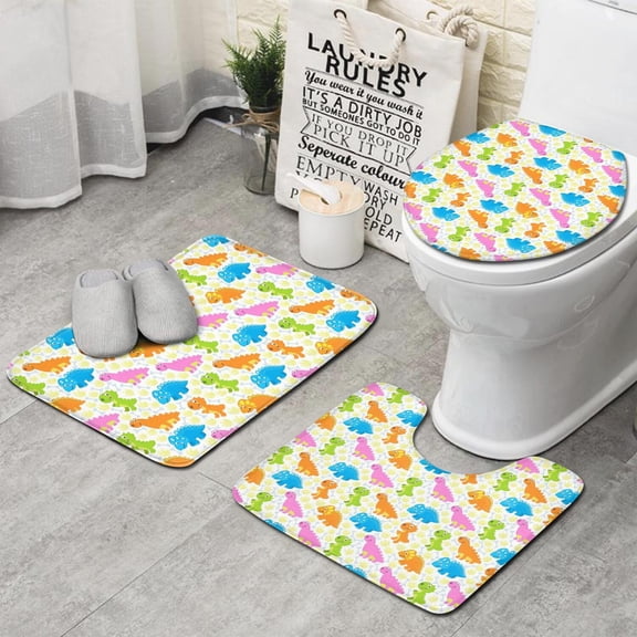 Colorful Cartoon Dinosaur Pattern Bathroom Rugs Sets 3 Piece,Toilet Cover Set,Absorbent Non Slip Bathroom Mats Sets with U-Shaped Contour Rug Toilet Rug Set