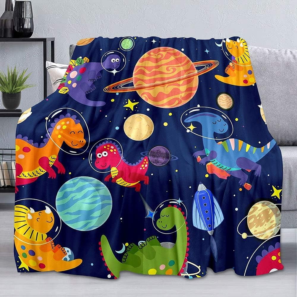 Colorful Cartoon Dinosaur Throw Blanket, Astronaut Dino Solar System Space Planet Blanket, Kids Blanket, Navy Blue Blanket, Cozy Warm Soft Lightweight Fuzzy Flannel Fleece Blanket, 30"x40"