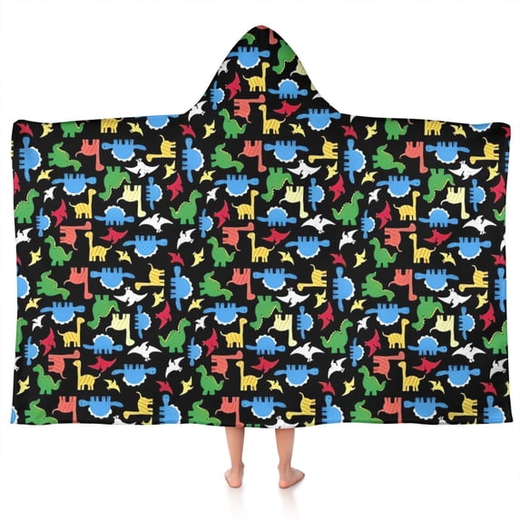 Colorful Cartoon Dinosaurs with ColorBlocks Pattern Hooded Bath Towel,50"x30" for Ages 3 To 12 Kids, Quick Dry Lightweight Soft Microfiber Hood Beach Towel Cover Up for Kids