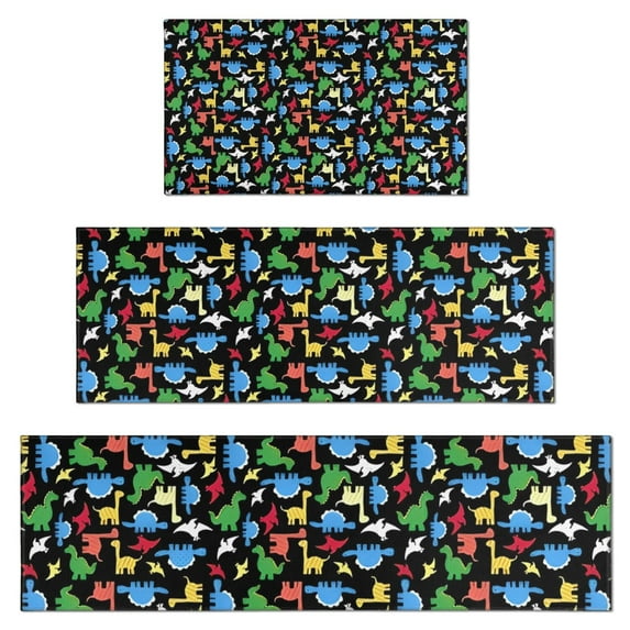 Colorful Cartoon Dinosaurs with ColorBlocks Pattern Kitchen Rugs Sets Of 3,Kitchen Runner Rugs Non Skid Washable,Decorative Kitchen Floor Mats for Kitchen,Sink,Laundry,17"x30"+ 17"x47" + 17"x59"