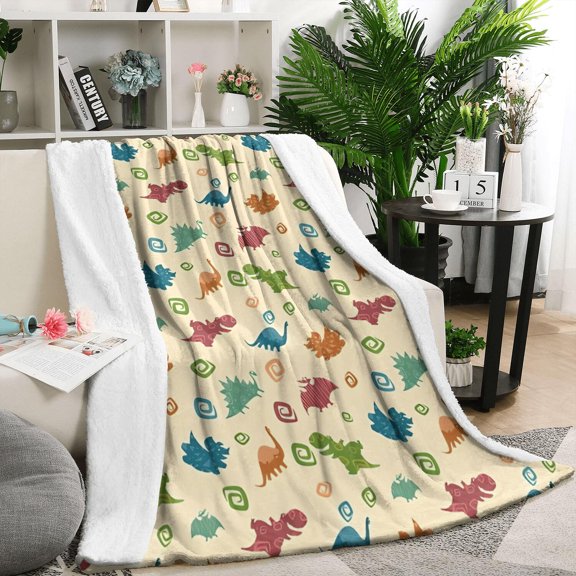 Colorful Cartoon Dinosaurs Geometric Pattern Blanket,Comfortable Soft Lamb Wool Throw Blanket,All Season,Warm Lightweight Blankets for Sofa Bed Couch Living Room Chair,50"x60"