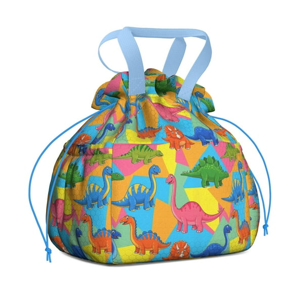 Colorful Cartoon Dinosaurs Geometric Pattern Drawstring Lunch Bag Women - Drawstring Lunch Bag Insulated for Work Office - Stain-Resistant Large Lunchbags for Women with Multi-Pockets