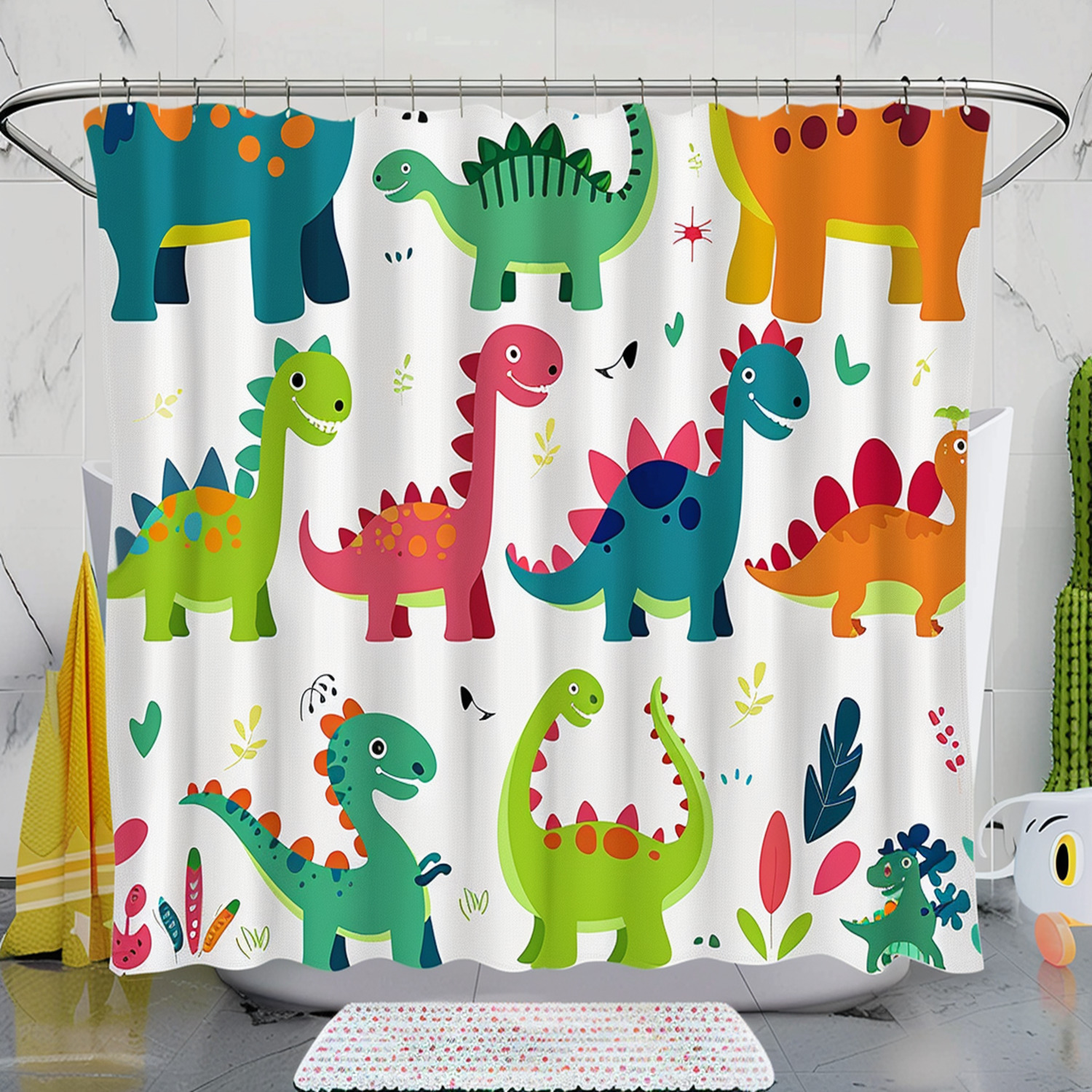 Colorful Cartoon Dinosaurs Kids Bathroom Decor Set and Curtain Fun