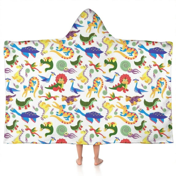 Colorful Cartoon Dinosaurs SeaCreatures Pattern Hooded Bath Towel,50"x30" for Ages 3 To 12 Kids, Quick Dry Lightweight Soft Microfiber Hood Beach Towel Cover Up for Kids
