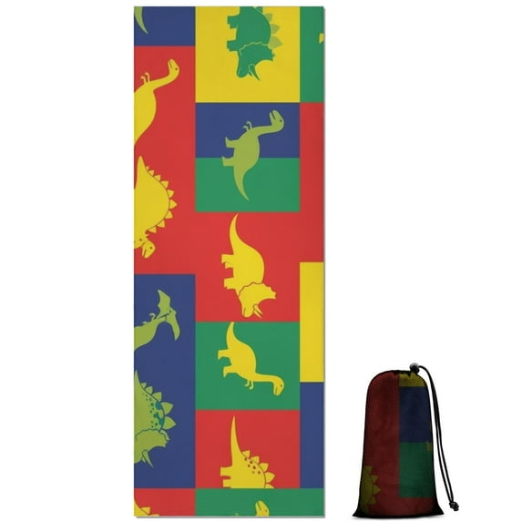 Colorful Cartoon Dinosaurs Squares Pattern Hot Yoga Mat Towel Non Slip for Hot Yoga - Quick-Drying Yoga Mat Cover with 4 Corner Pockets with Travel Bag - Hot Yoga Towel Non Slip 74"x26"