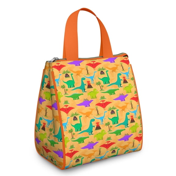 Colorful Cartoon Dinosaurs Volcanoes Pattern Insulated Lunch Bag for Women & Adults,Large Portable Soft Cooler Lunch Bag,Thermal Food Storage Tote with Pearl Cotton,8.66L,8.75x5.75x9.5 Inch