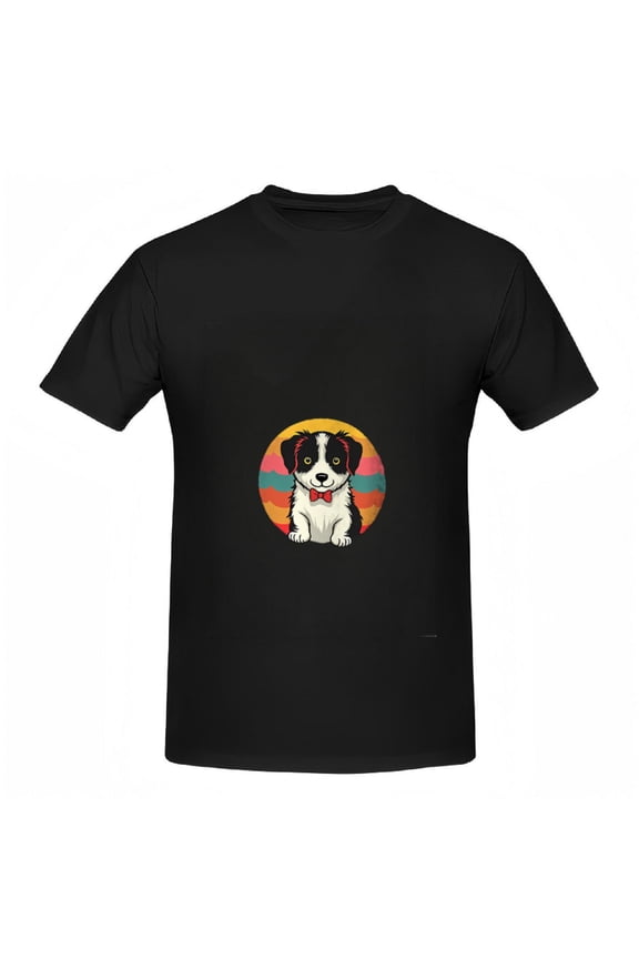 Colorful Cartoon Dog Print Cotton Short Sleeve T-Shirt for Women - Playful Black and White Dog with Red Bow Tie on Striped Background