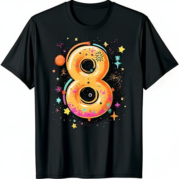 Colorful Cartoon Donut Number 8 Graphic Black T-Shirt for ' Birthday