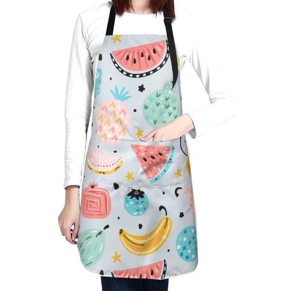 Colorful Cartoon Doodle Cute Fruits Waterproof Apron With 2 Pockets, Adjustable Oxford Kitchen Aprons For Cooking, Baking, Gardening, Painting & Grooming, Chef Bib For Women & Men