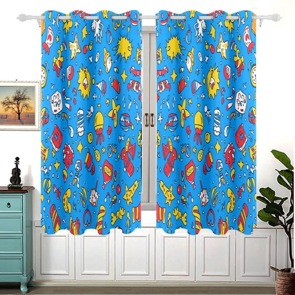 Colorful Cartoon Doodles Pattern 63x55in Window Curtain Panels 63x55in 2-Piece Heavy Duty 80% Light Blocking