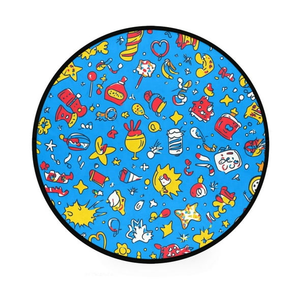 Colorful Cartoon Doodles Pattern Memory Foam Bath Mat 36" Absorbent Rug with Non Slip Base and 4 Bonus Pads