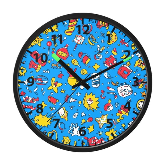 Colorful Cartoon Doodles Pattern Wall Clock 12 Inch Voice Activated Night Light Silent Non Ticking
