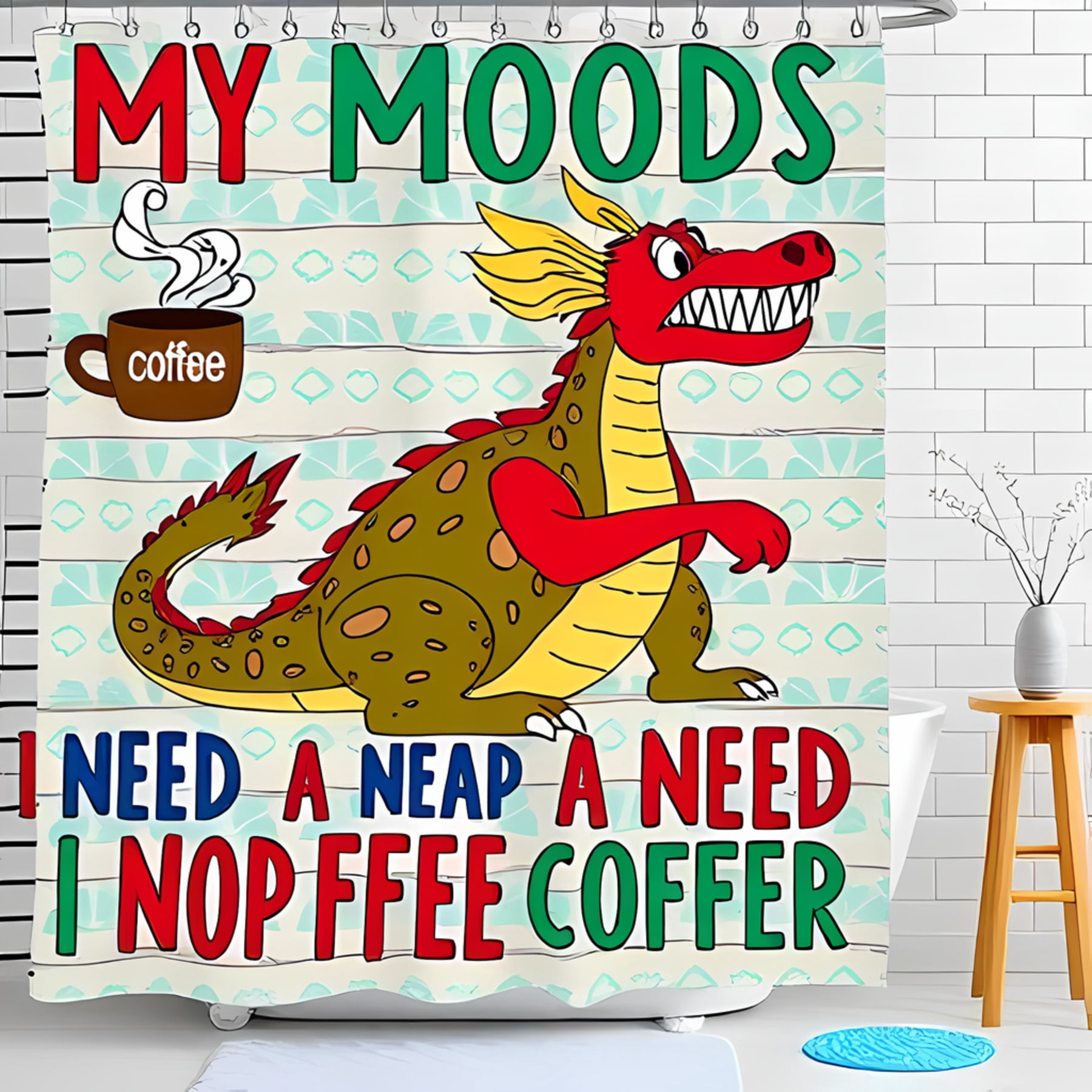 Colorful Cartoon Dragon Shower Curtain - Playful Design with Coffee