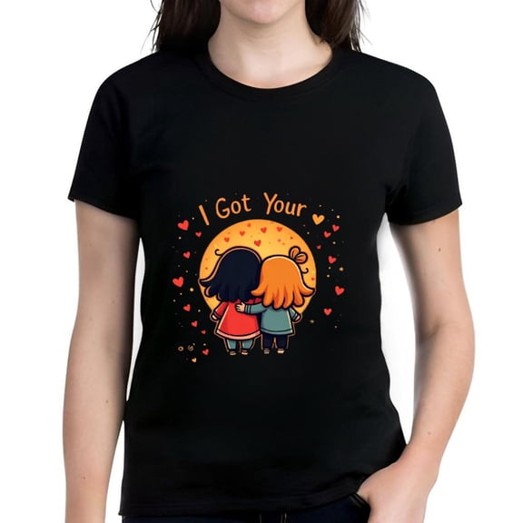 Colorful Cartoon Embrace T-Shirt for Women - Black Cotton Short Sleeve Tee with Heart Design and " I Got Your " Text